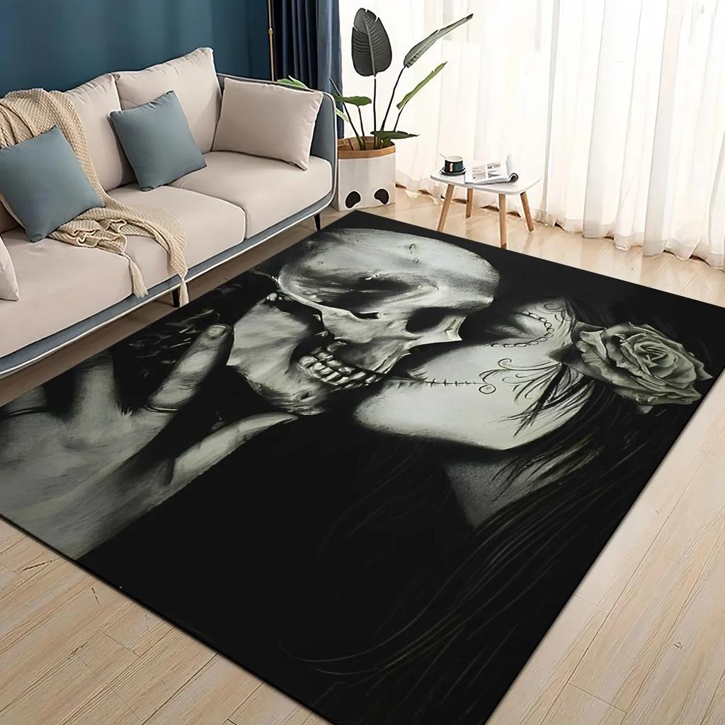 Covor Rug 3D Craniu Gotic Față Trandafir Femeie Desen Animat Groaznic pentru Sufragerie Dormitor Casă Decor Canapea, Covoraș de Podea Antiderapant pentru Copii