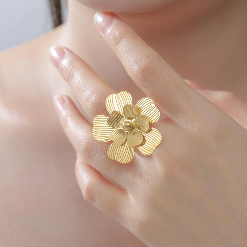 Cazador Big Flower Women's Ring Gold Color Open Rings Stainless Steel Adjustable Jewelry Waterproof Party Wedding Gifts Trendy