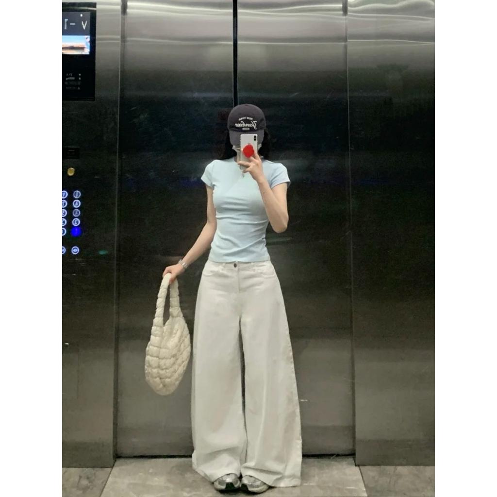 Ins Commuter Light Blue Waist T-Shirt Women's Summer Front Shoulder Skinny Top Versatile Crew Neck Bottom Shirt Short Sleeve