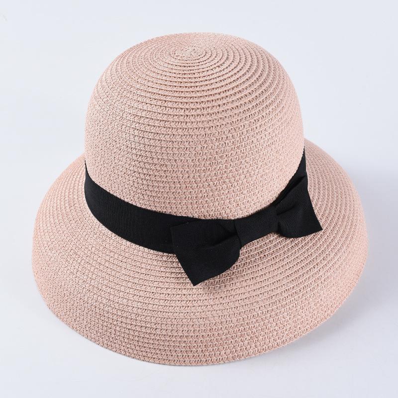 Hepburn Bow Ribbon Sun Hat Women'S Straw Hat Bucket Hat Color Sunscreen Sun Hat Beach Hat