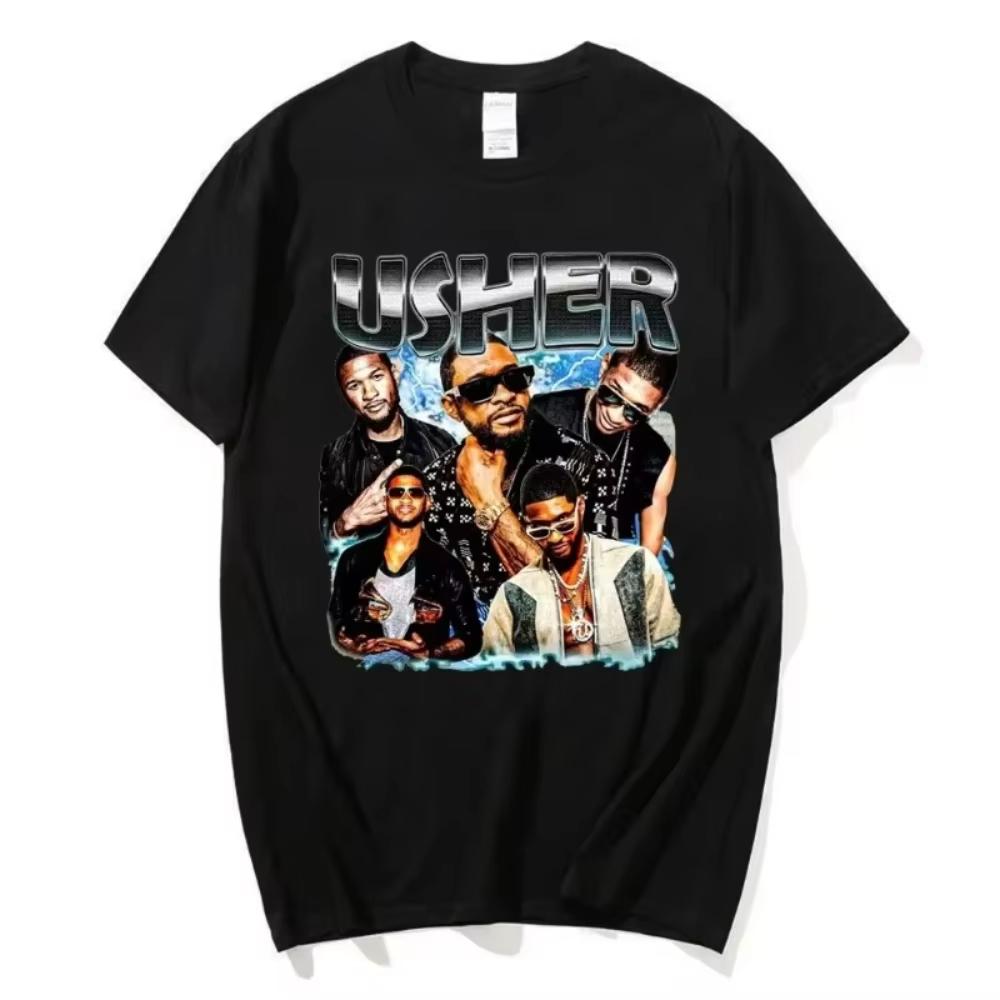 

Casual Vintage Cotton Printing T Shirt Usher Singer Music Tour Hip Hop Summer O Collar Men and Women Harajuku T-shirt Top - M... S разноцветный