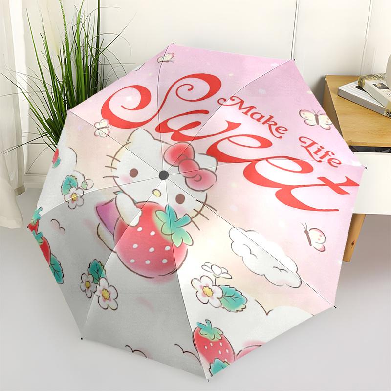 1pc Hello Kitty Make Life Sweet Automatic Folding Umbrella - Portable 3-Fold Design with Iron Frame, Perfect for Outdoor Use, Festive Gifts, Travel, D