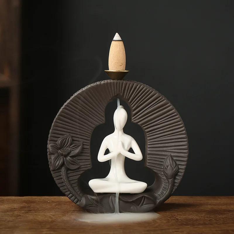 1pc Buddha's Light Shine Type Ceramic Yoga Girl Backflow Incense Burner Use In Office Teahouse Home Decor (Without Incense)