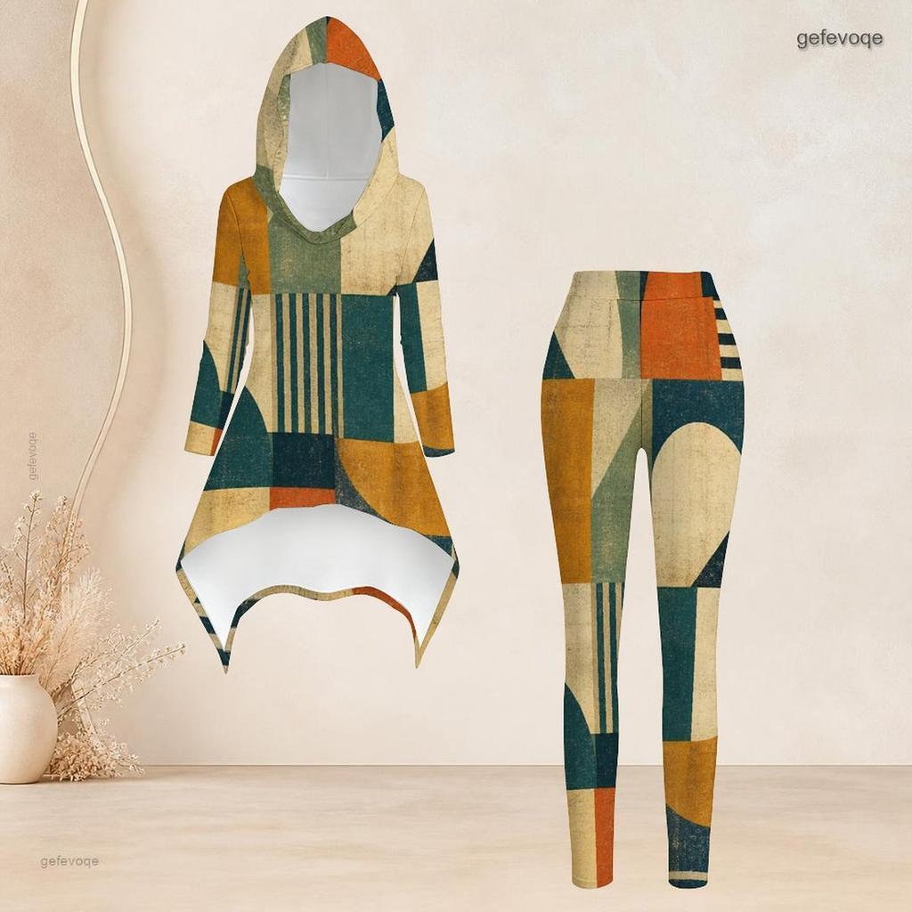 Women Plus Size Two Piece Set Hooded Long Sleeve Geometric Printed High Low Top Fitted Pants