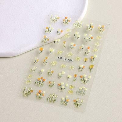 Jelly Spring Tulip Relief Nail Art Sticker Small Fresh Flower Decoration 5D Nail Sticker with Back Glue