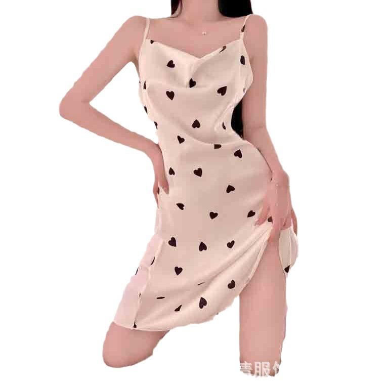 New Sexy Silk Pajamas Women's Suspenders Ice Silk Small Chest Swing Neck Printed Pajamas Spring and Autumn Sweet Loungewear Set