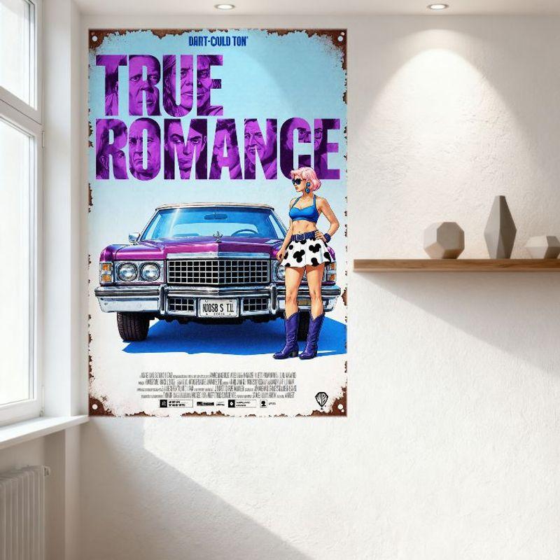 True Romance Movie Poster Metal Tin Sign Vintage 1970s Gritty Crime Romance Artwork Wall Decor for Bar Cafe Man Cave Home Art