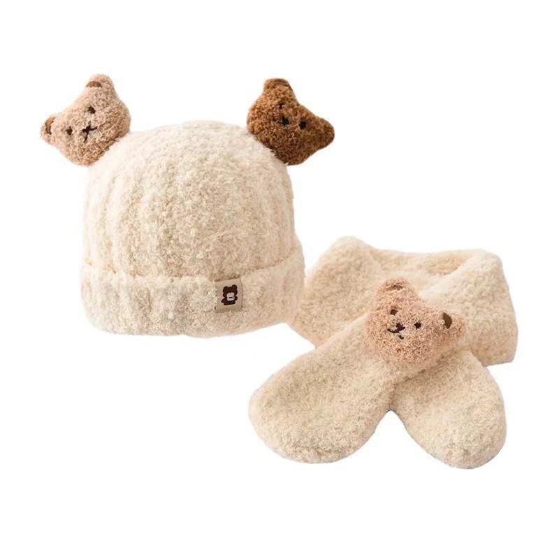 Autumn and Winter Baby Plush Hat and Scarf Set Cute Bear Infant and Toddler Thickened Plus Velvet Warm Windproof Ear Protection Hat