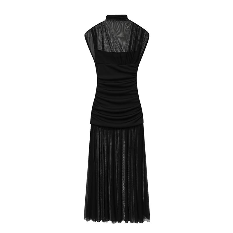 Black Mesh Maxi Dress For Women Sexy Sleeveless See-Through Pleated Party Dress Female Fashin Bodycon Long Dress 2025