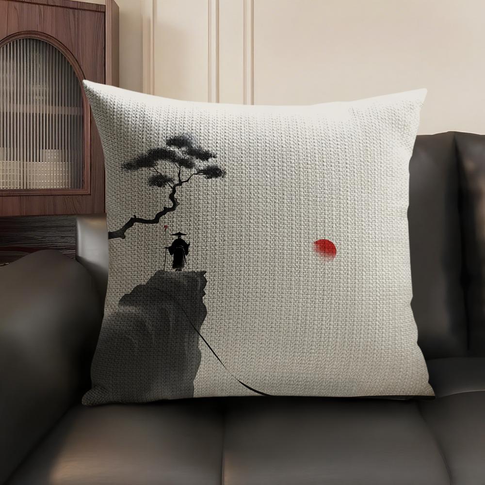 Chinese Ink Painting Style Pillow Case Natural Linen Organic Fabric Double-Sided Printing Sofa Home Decor Gift Cushion Cover