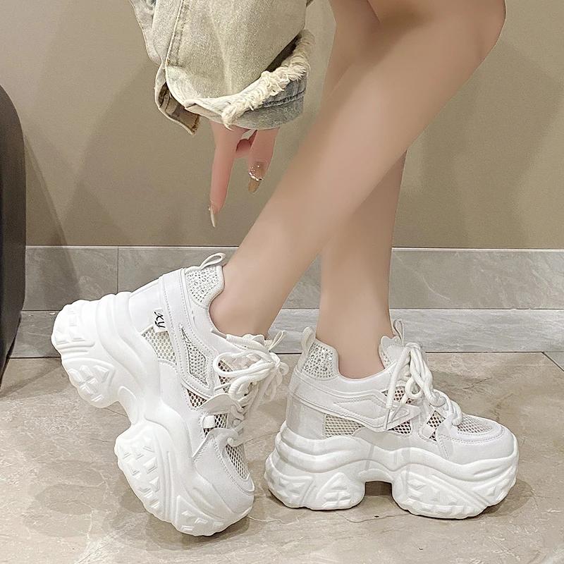 10CM Women Casual Platform Sneakers Mesh High Heels New Summer Sports Leather Shoes Bling Trainers Chunky Sneakers Zapatos Mujer