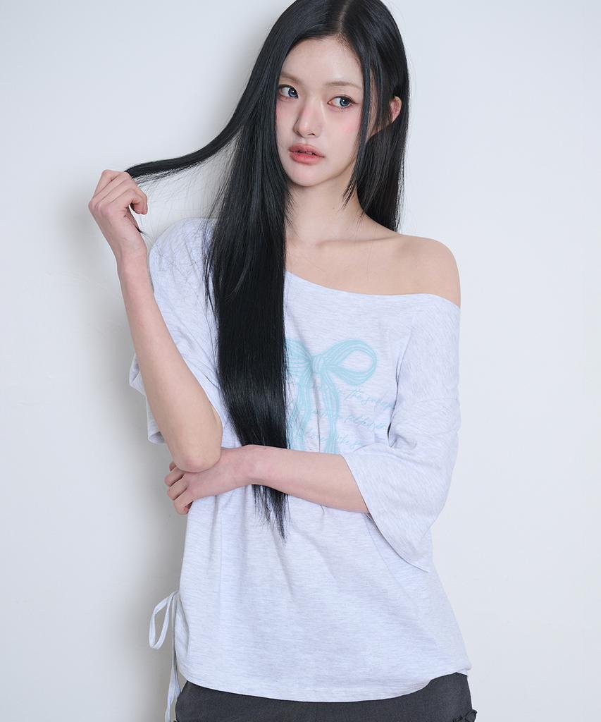 ILLIGO Ribbon Shirred Off-Shoulder T-Shirt Back Melange