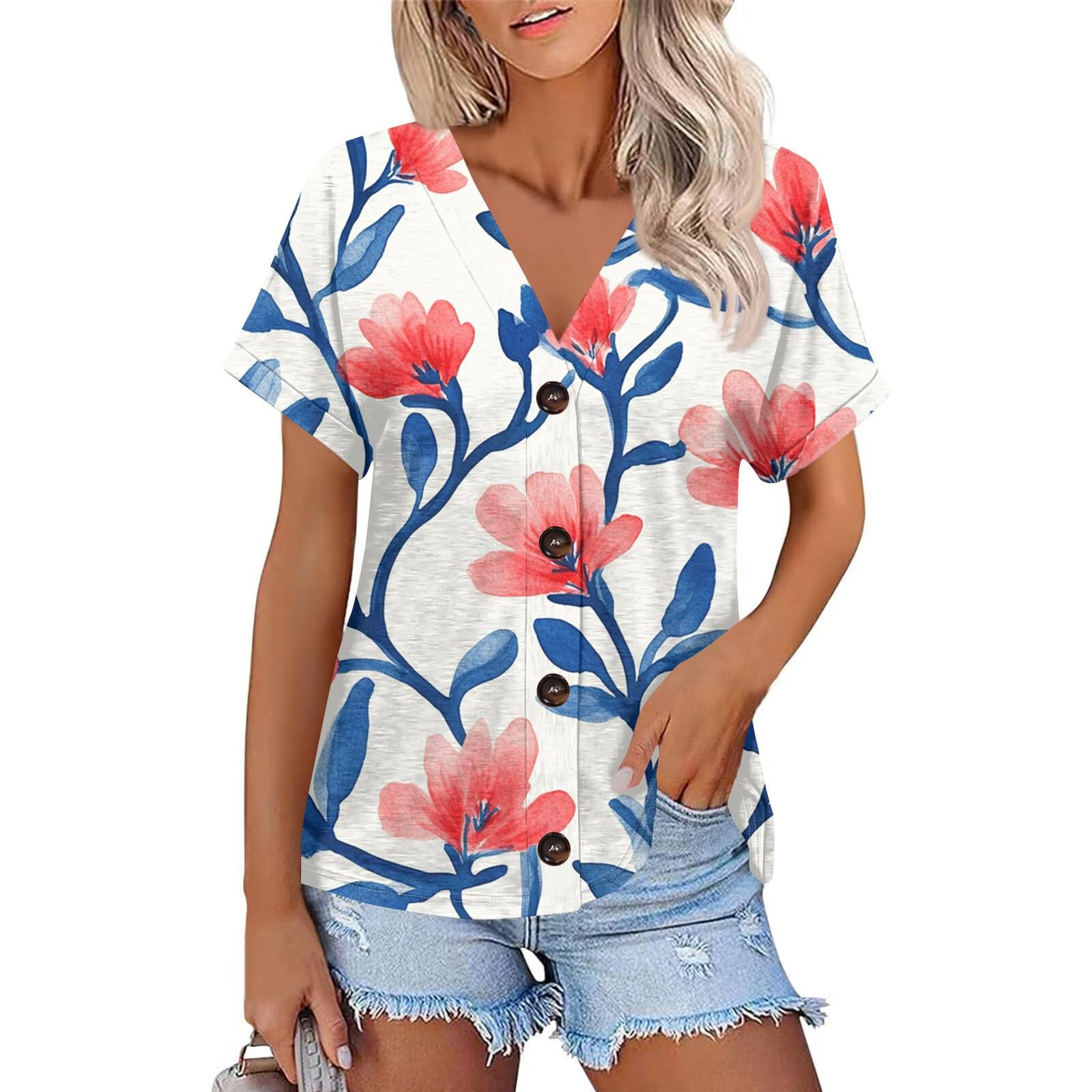 

Женская мода с короткими рукавами и V-образным вырезом, повседневная футболка с пуговицами S