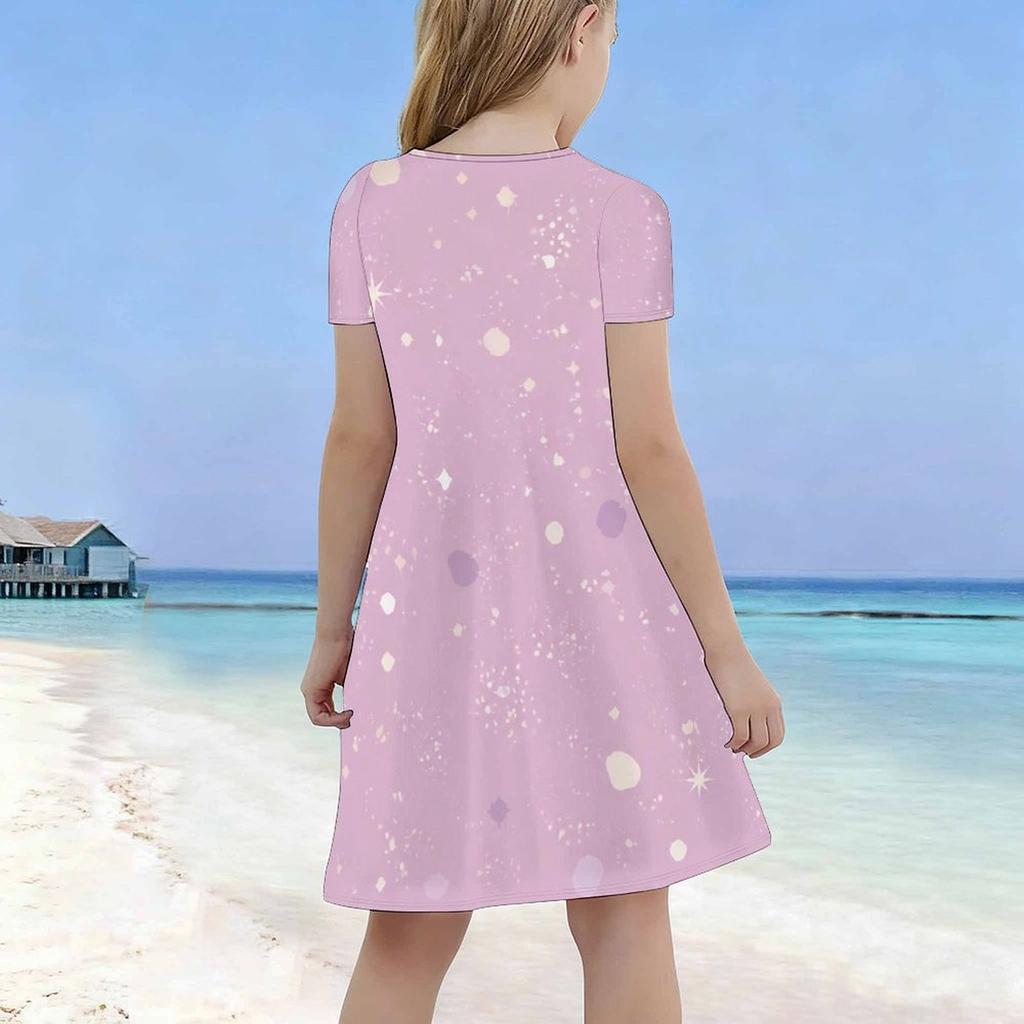 Girls Round Neck Short Sleeve Printed Light Purple A Line Flared Dress