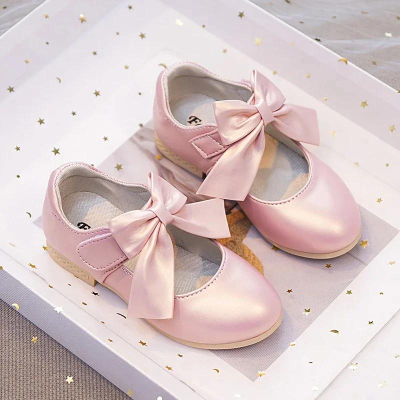 Girls Shoes with Big Bow Knot Princess Sweet Classic Fashion Children Party Shoes White Wedding Soft Anti Slippery