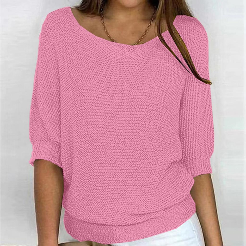 Women's Fashion Solid Color Round Neck 3/4 Sleeve Pullover Knitted Shirt Top