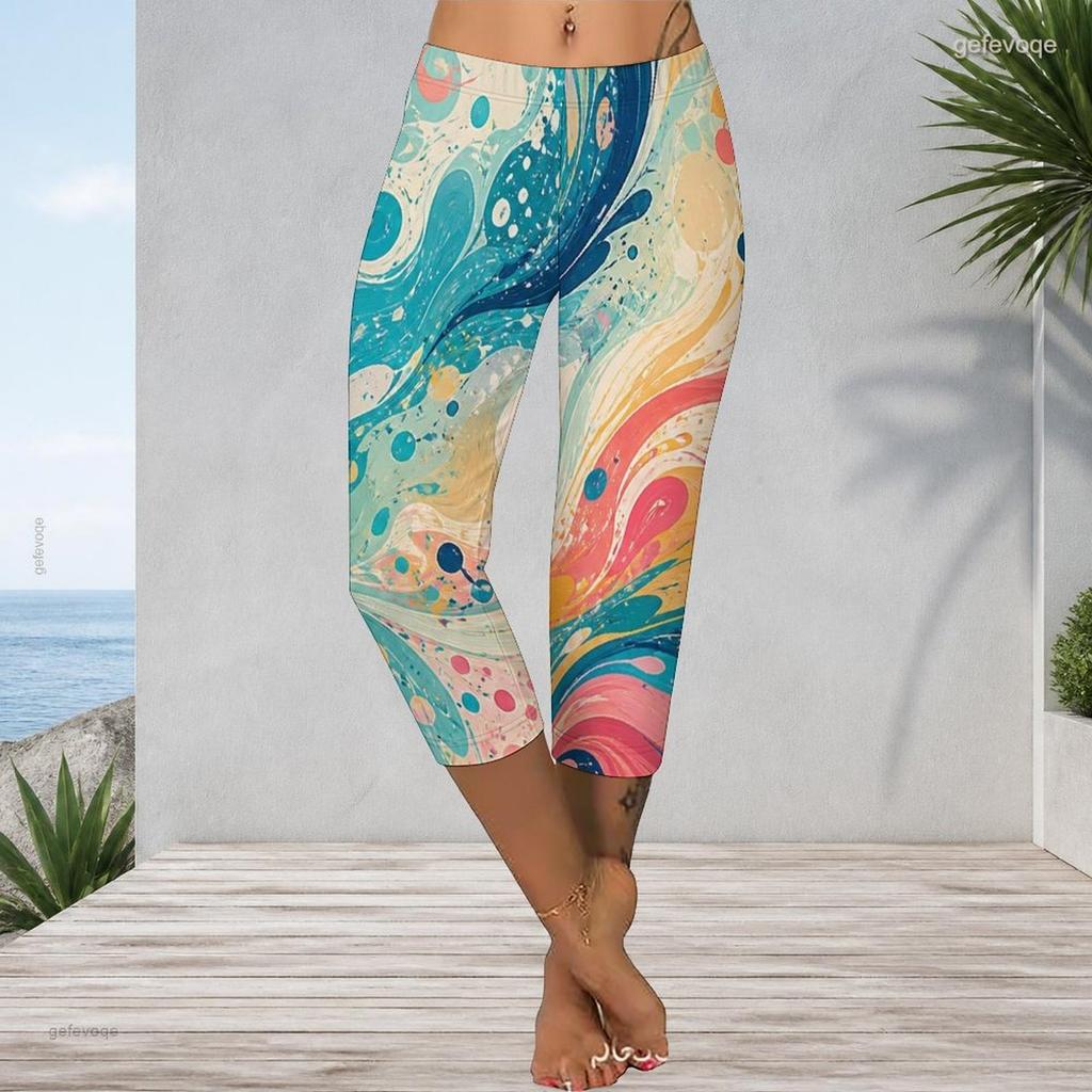 Women Plus Size Capri Length Leggings Abstract Pink Purple Gradient Sunset Print High Waist Stretchy Yoga Pants For Casual Workout Daily Wear