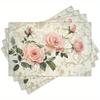 4 pièces Sets de table élégants Roses Roses Shabby Chic - Sets de table floraux vintage avec roses roses douces et feuillage vert, Rectangulaires en lin