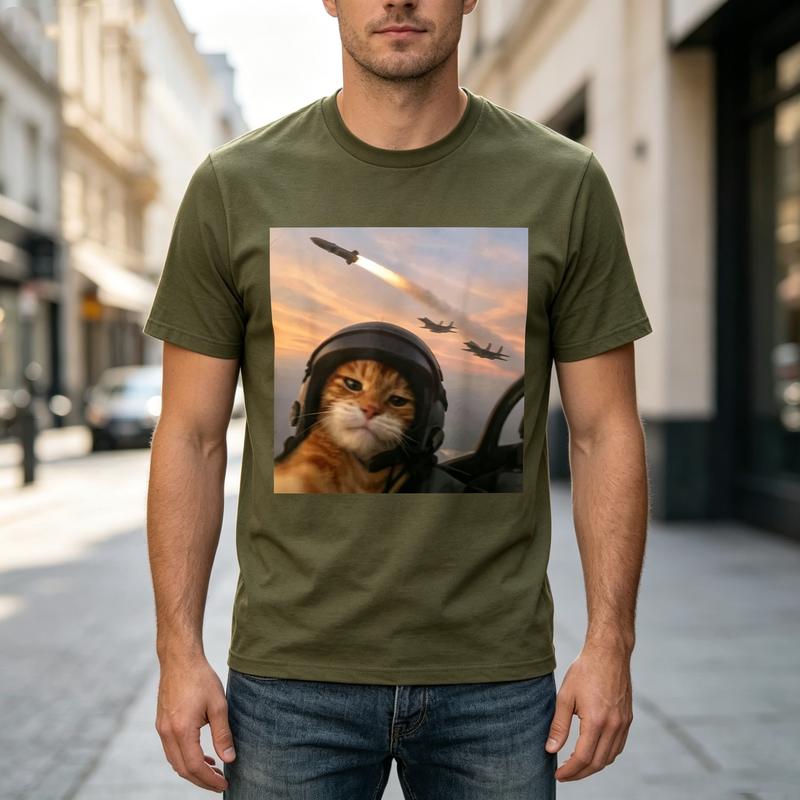 Lustiges Pilotenkatzen-T-Shirt Jet-Jäger Hintergrunddruck Unisex Unisex Baumwolle Kurzarm Streetwear Übergroßes T-Shirt Y2k