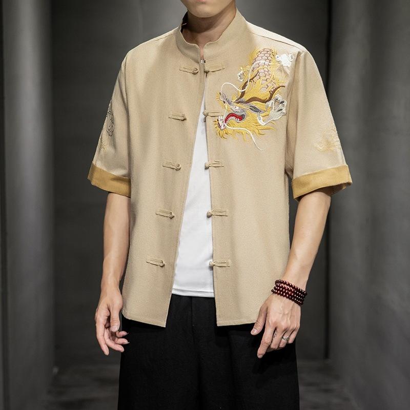 Camicia Casual da Uomo Stile Cinese con Ricamo di Drago, Collo Rialzato, Manica Corta, Taglia Larga