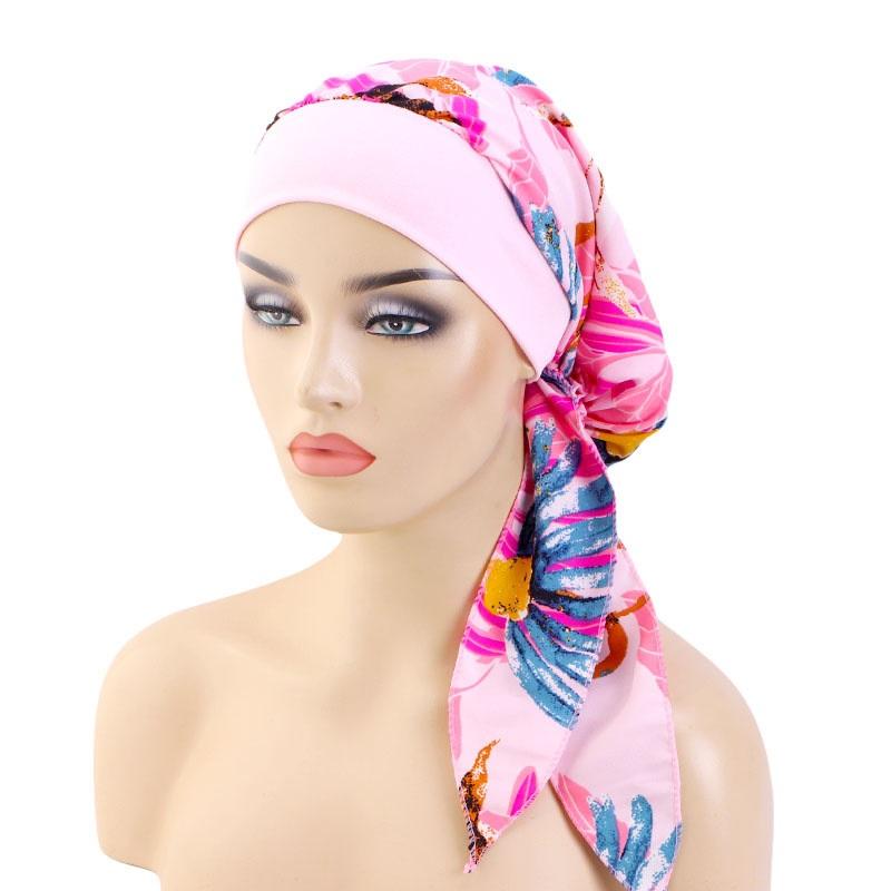 New Womens Pre-Tied Turban Cap Muslim Hijab Cancer Chemo Flower Print Hat Cover Hair Loss Head Scarf Wrap Strech Bandana