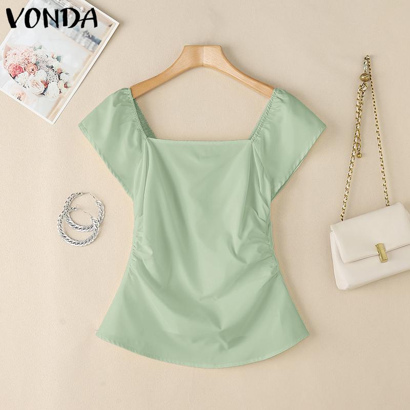 

VONDA Summer Women Square Neck Short Sleeve Casual Slim Blouse 5XL зелёный