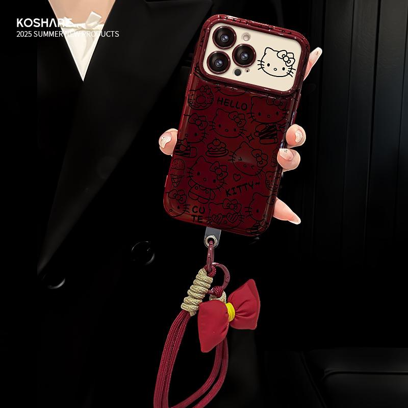 Kt Cat Bow Lanyard Suitable for Apple 17 Mobile Phone Case Iphone15promax Large Window 16 Silicone 14 Women