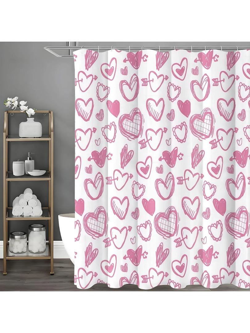 Valentine s Day Hand Painted Pink Heart Shower Curtain, Bathroom Decorative Shower Curtain, Waterproof Shower Curtain with Hooks W90xH180cm