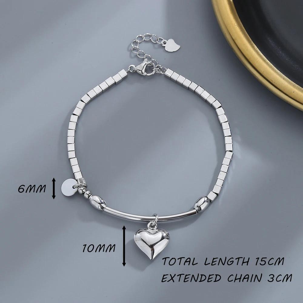Real  Sterling Silver Beaded Tassel Square Heart Pendant Charm Bracelets for Women Fine  Minimalist Accessories