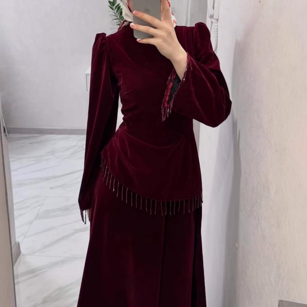 Cross-border Autumn Temperament Fringed Long-sleeved European and American Women's Clothing Amazon  Velvet French Celebrity Hip Skirt