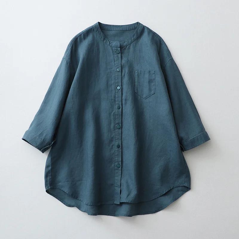 Summer Solid Color Shirt Stand-up Collar Seven-minute Sleeve Loose Japanese Women's Blouse Oversized Vintage Blouse