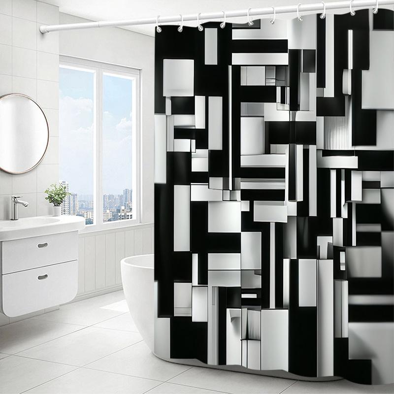 Modern Black And White Geometric Waterproof Mildew-Resistant Shower Curtain - Abstract Design For A Stylish Bathroom Décor