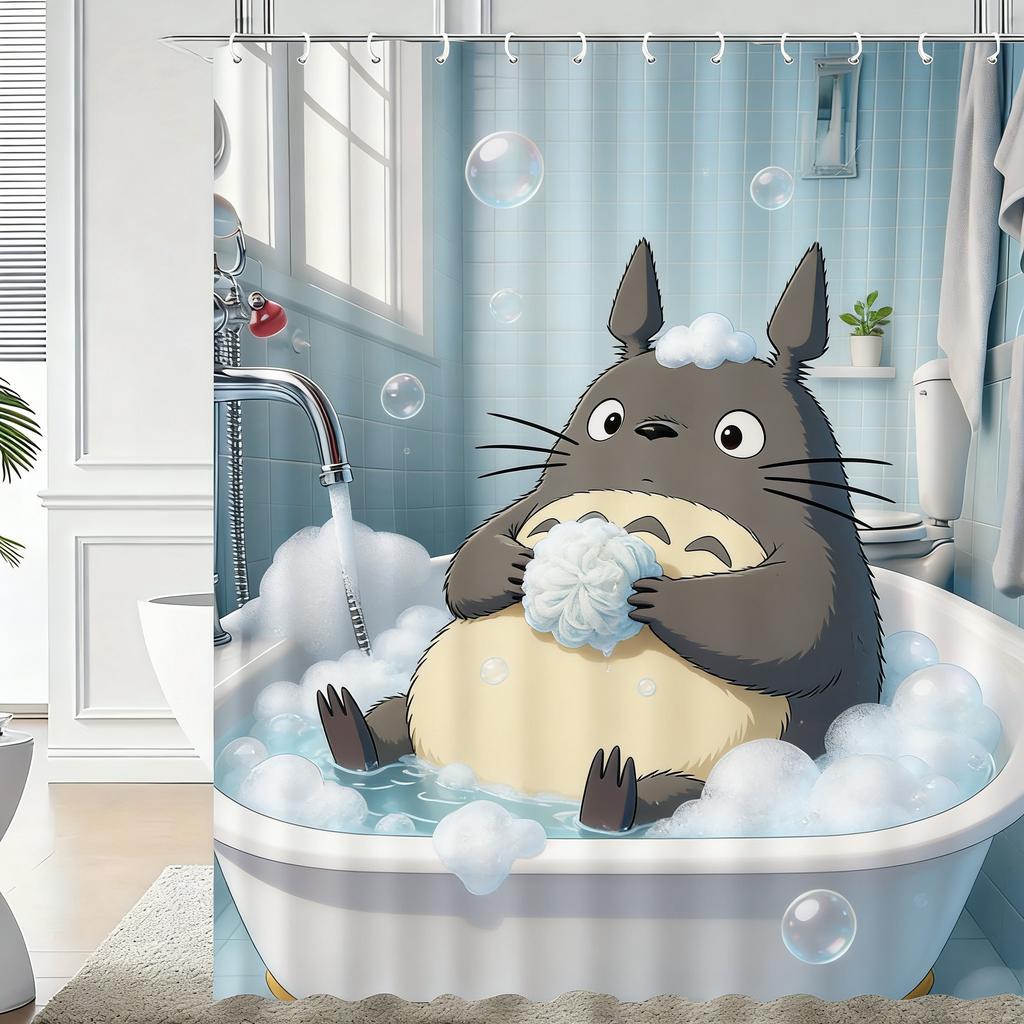 Cute 3D Cartoon Penguin Bathing with Bubbles Waterproof Shower Curtain - Fun Bathroom Decor