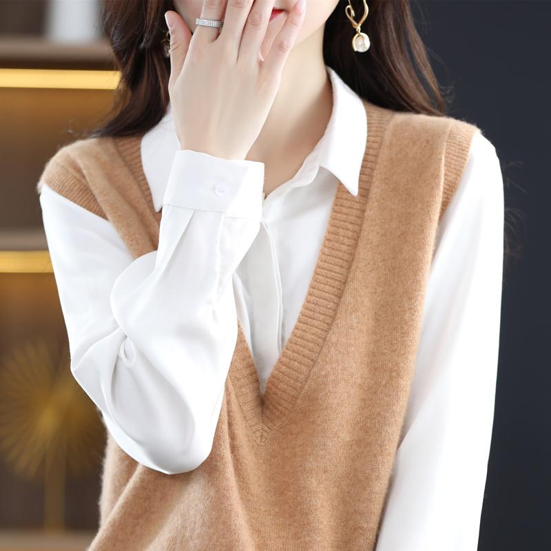 Dámská vesta s výstřihem do V, kašmír Qinghe, 30 % kašmír 70 % vlna, zimní pletený svetr podzimní svetr kašmírový svetr