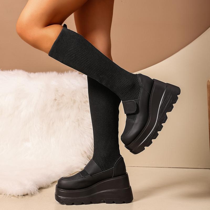 Fashion Fashion Thick Bottom Solid Black Elastic Boots Women Autumn Chunky Platform Super High Heel Knee Boots Sexy Party Long Booties
