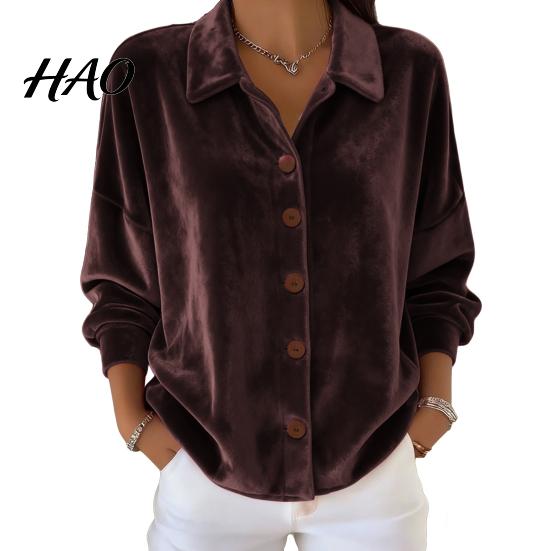 Breathable Women Blouse Shirt Lapel Long Sleeve Velvet Texture Solid Color Tops Loose Fit Buttons Placket Commuter Work Wear Everyday Top