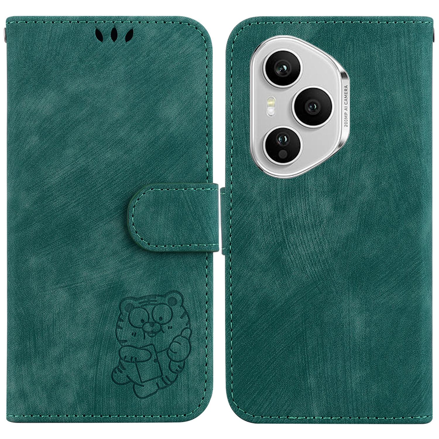 

Для Honor 400 Pro 5G (Глобальный) Чехол-кошелек Кожаный противоударный чехол для телефона с тиснением тигра и ремешком на запястье Green