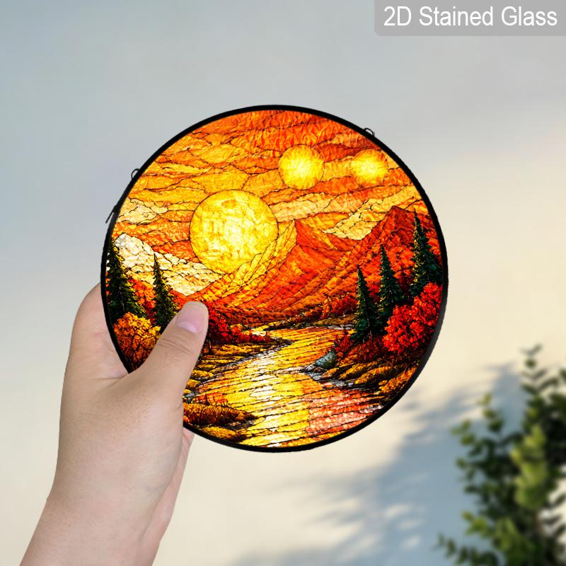 1pc 2D Flat Mountain Sunset Suncatcher Stained Glass Window Hanging, Rustic Mountain Landscape Sun Catchers Indoor Window Glass Wall Art Decor