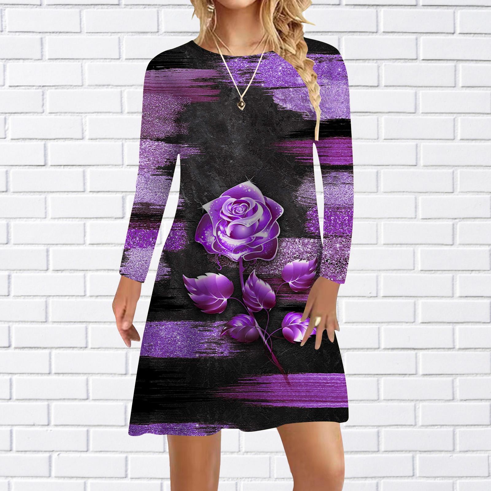 

Женское повседневное платье Осеннее платье с золотым принтом розы для женщин Платье с коротким рукавом и круглым вырезом плюс размер M светло-фиолетовый