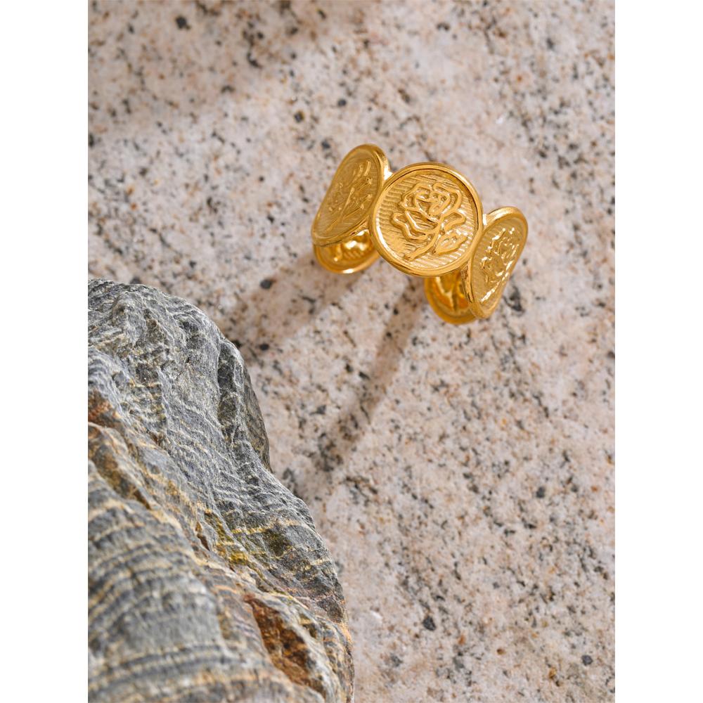 Eetit Adjustable Stainless Steel Flower Shape Open Ring 18K Golden PVD Plated Texture Popular Jewelry Recommend Gift