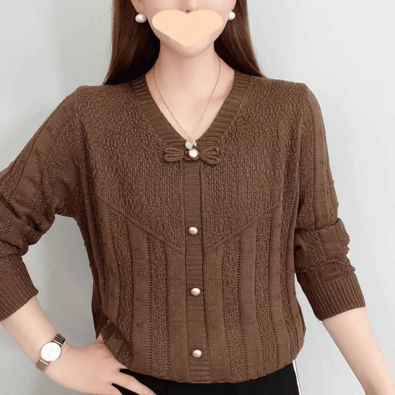 Spring Autumn V-neck Long Sleeve Fashion Sweater Women High Street Bow Button Pullovers Elegant Casual Loose All-match Tops