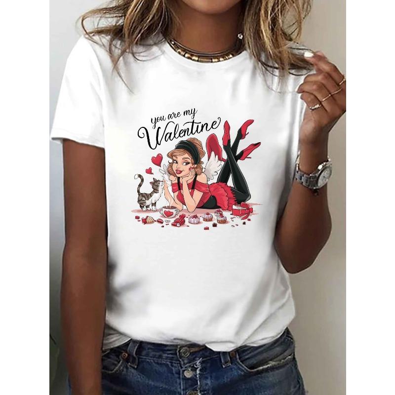 European Size Womens Cupid Printed T Shirt Fashion Short Sleeve Round Neck Casual Top Spring Summer Wear