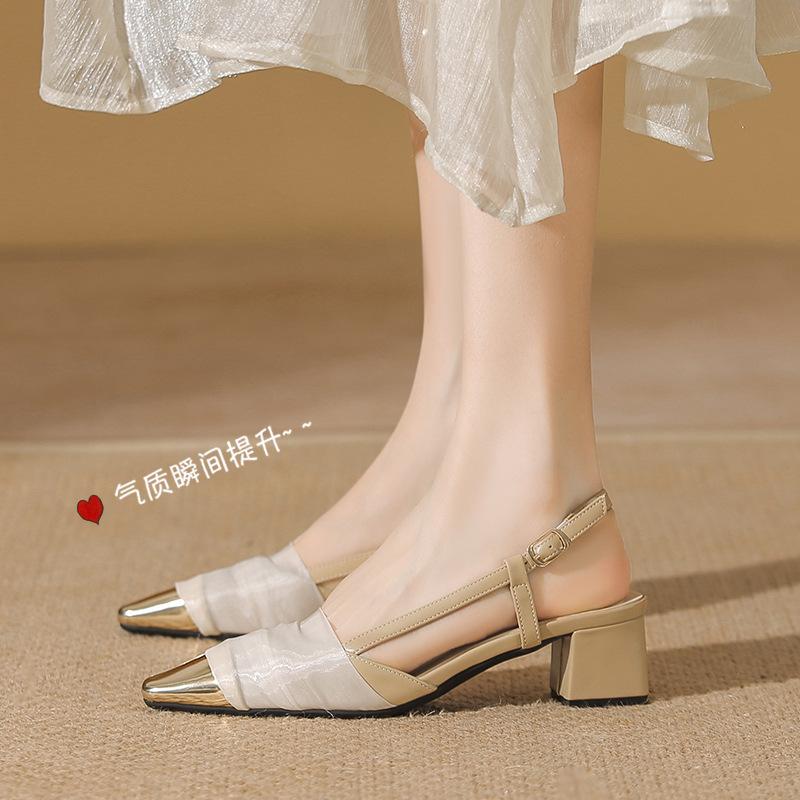 Mary Jane Bag Head Sandals Female New Summer Fairy Wind Empty Nude Word with Thick Heel High Heels