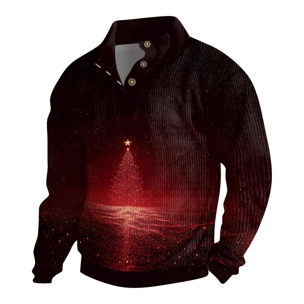 Men's Christmas Cotton Pullover Long Sleeve Outdoor Shirt Vintage Corduroy Button Stand Collar Shirt Casual Sweatshirt Christmas Print Top