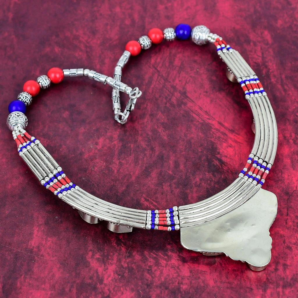 Lapis Lazuli, Coral Gemstone 925 Sterling Silver Necklace , Silver Jewelry Bohemian Antique Necklace, Handmade Jewelry Nepali Necklace Gift For Wife