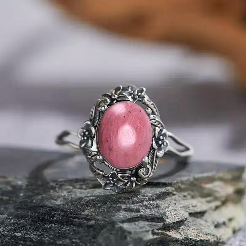 Vintage 925 Silver Ring Irregular Flowers Natural Rose Quartz Punk Ring Bohemian Silver Ring Fine Jewelry For Women