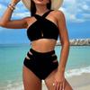 European And American New Bikini Split 2-Piece Suit Sexy Backless Cross Belt Solid Color Swimsuit Women