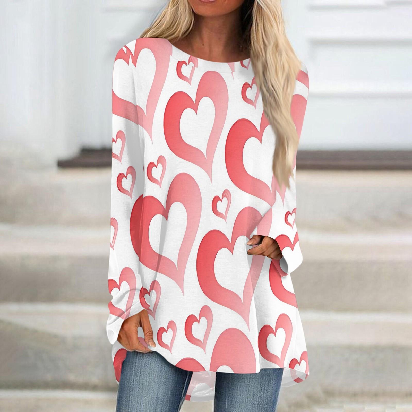 

Women s Fashion Casual Long Sleeve Valentine s Day Love Print Round Neck Pullover Top Blouse XXL рожевий