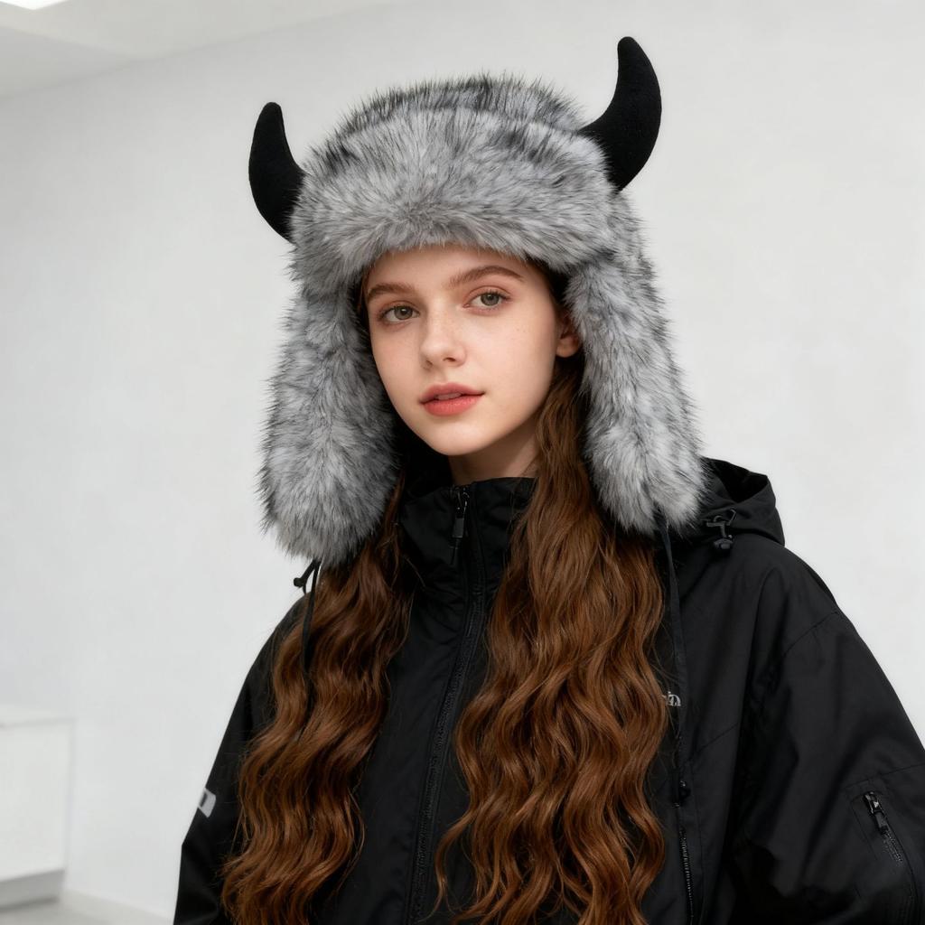 Horn Lei Feng Hat for Men and Women In Winter Warm and Velvet Big Head Circumference Thickened Ear Protection Hat Northeast Imitation Mink Hair Funny