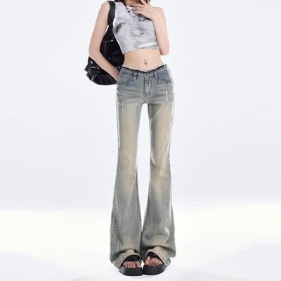 Raw Edge Flared Jeans for Women Spring Autumn Retro Slim Fit Low Waist Denim Pants Y2k Fashion Female Clothing Plus Size